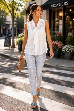 EP Modern XL Ivory Sheer Plaid Bow Tie Sleeveless Blouse Career Office
